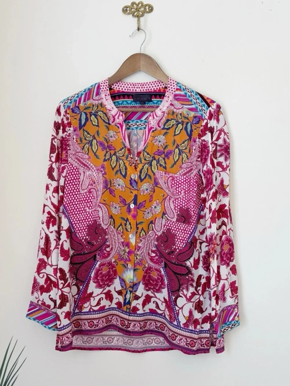 Hale Bob Vibrant Floral Paisley Button Front Silk Blouse XS Boho Maximalist - Picture 1 of 7